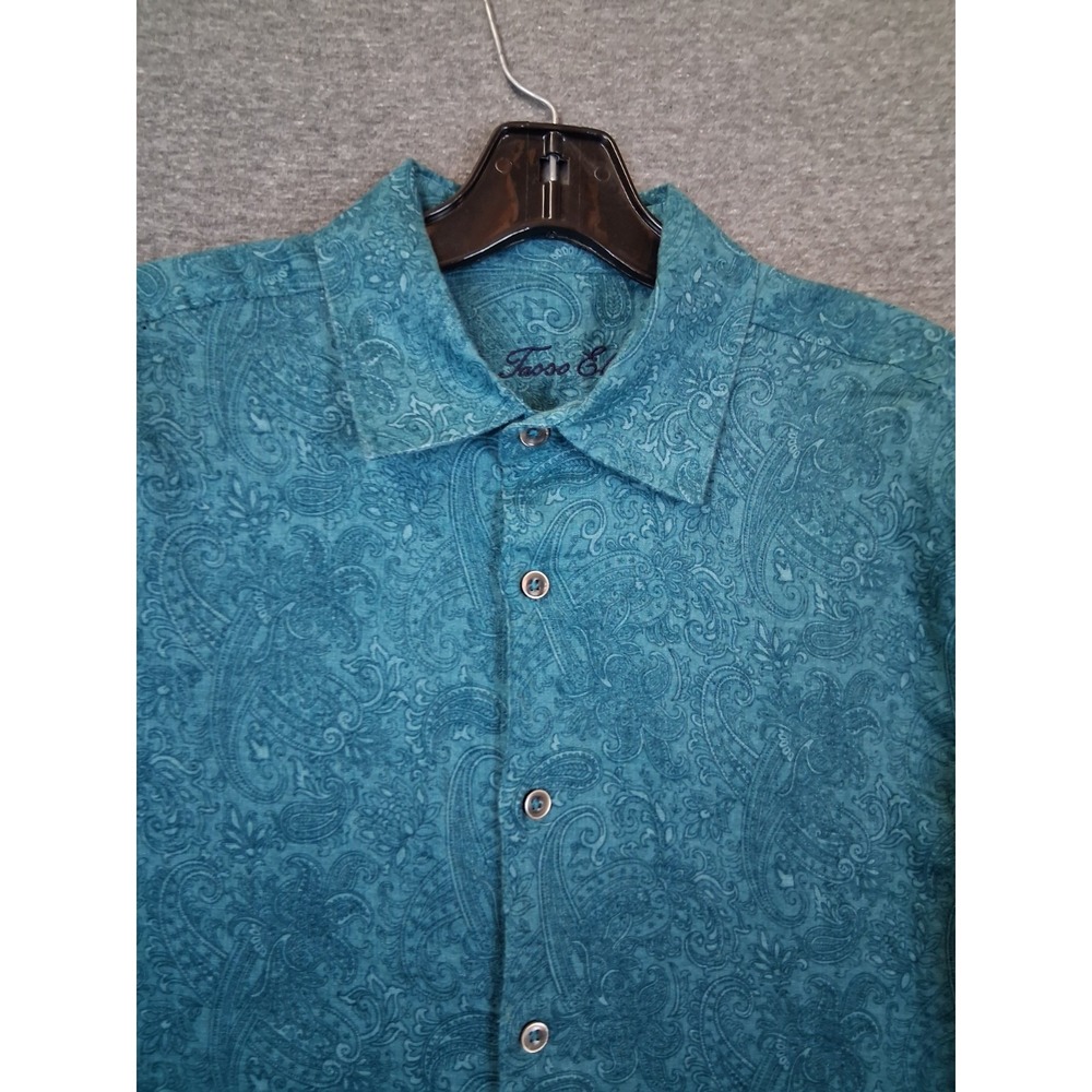 Tasso Elba Mens Shirt Small Blue Paisley Floral 100% Linen Lightweight Resort